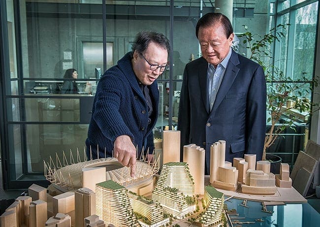Singapore tycoon Oei Hong Leong with Vancouver architect James Cheng examine a model of the proposed Expo Gardens development in False Creek